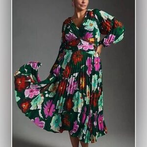 Maeve Anthropologie Womens Dress Pleated Long Sleeves Floral Green Size 12